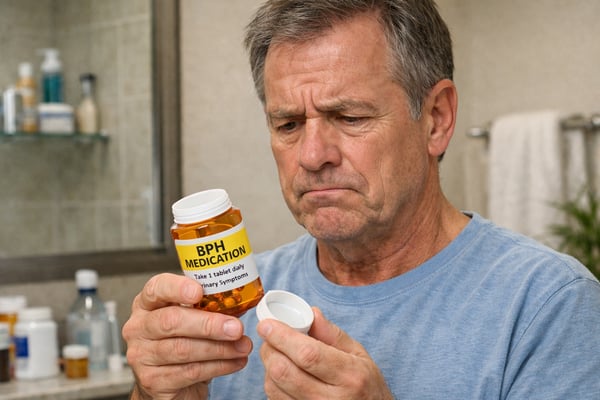 Disappointed Man with Open Pill Bottle in Bathroom-1