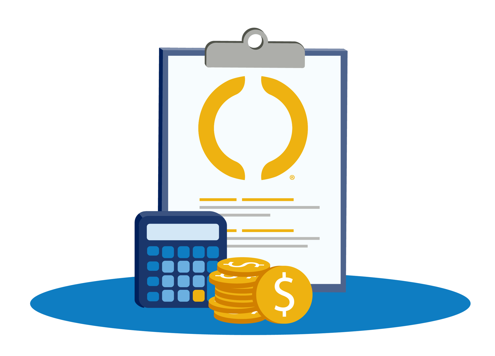 Icon showing a clipboard, calculator, and currency
